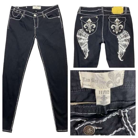 Y2K Raw‎ Blue Jeans Black Denim White Stitching Fleur-de-lis Angel Wings Retro - Picture 1 of 14